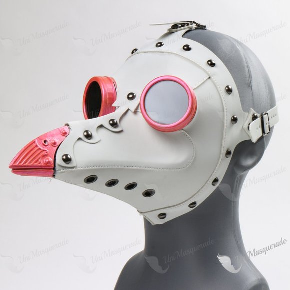 White Leather Plague Doctor Venetian Masquerade Party Mask w/ Pink Goggles Beak - Picture 5 of 6
